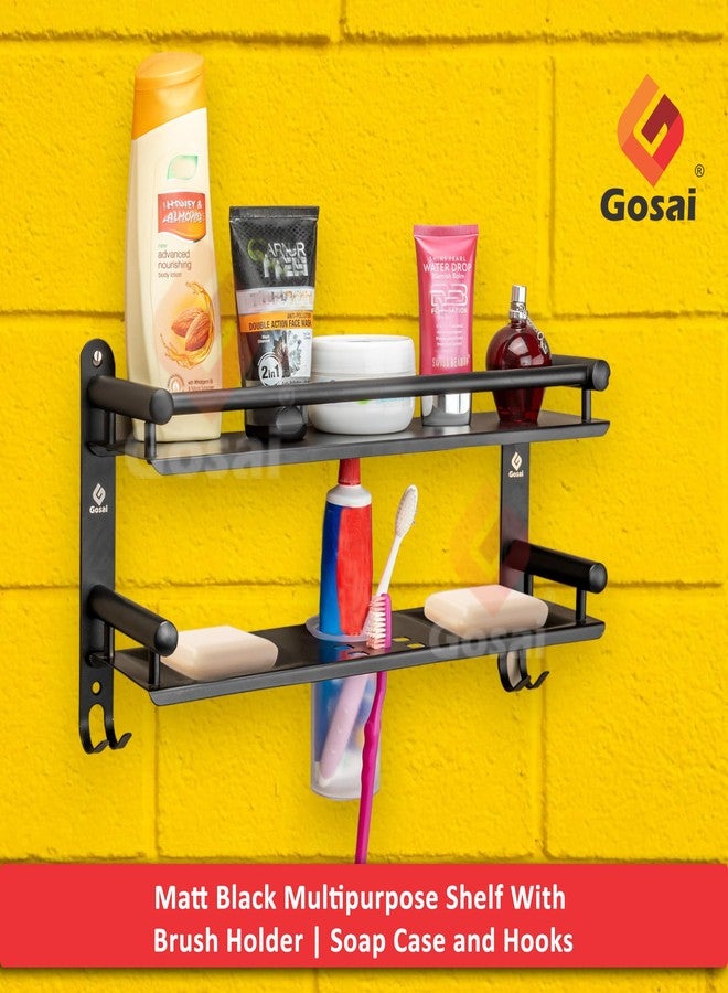 GOSAI مجموعة إكسسوارات حمام من الفولاذ المقاوم للصدأ من جوساي، رف حمام أسود من طبقتين مع علبة صابون وحامل فرشاة أسنان وخطاف | رف حمام | حامل أكواب | علبة صابون | منظم حمام (16×5×9 بوصة) - Image 2